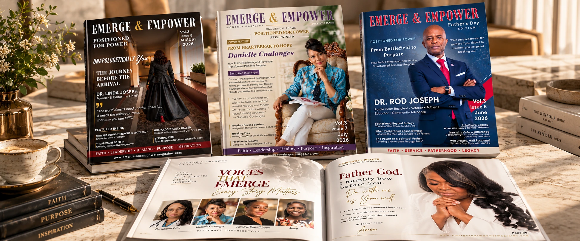 Emerge and Empower monthly magazine cover and editorial spreads